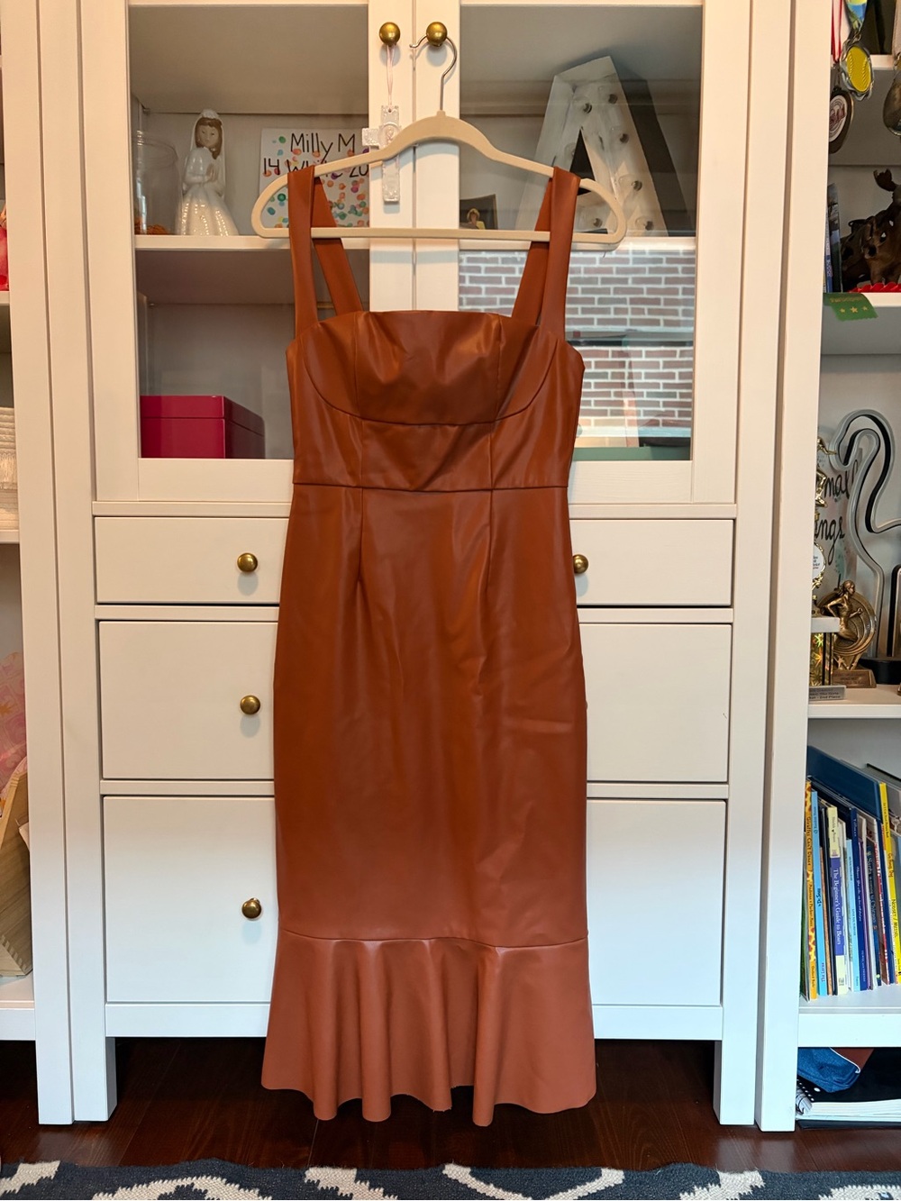 Anthropologie Faux Leather Rust Midi Dress with Flounce Hem